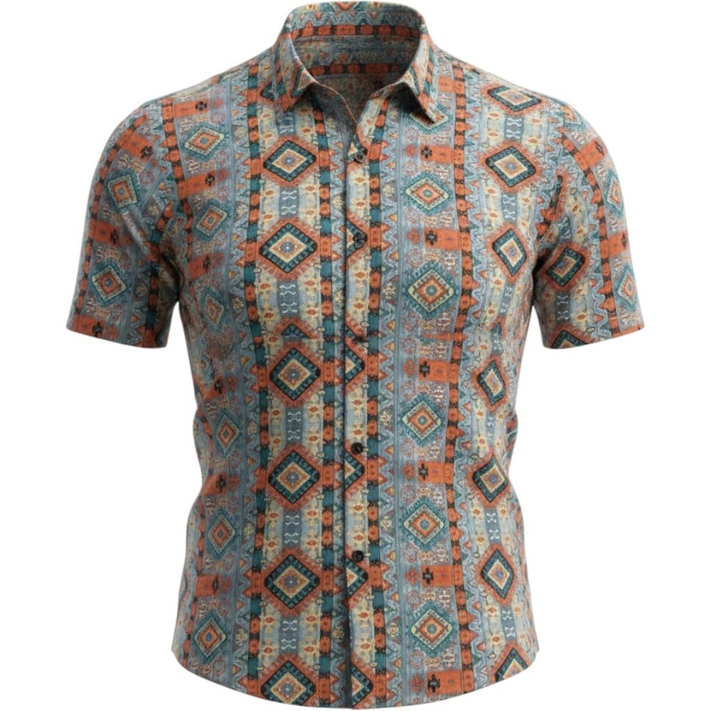 Vatpave Mens Large‎ Southwestern Geometric Print Short Sleeve Button Up Shirt
